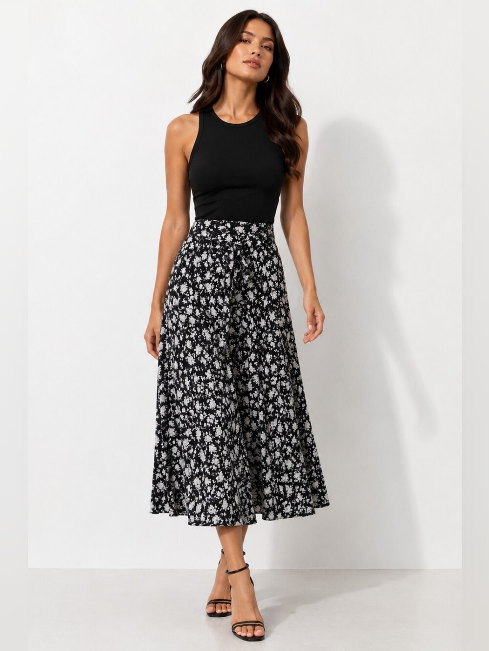 Skies Are Blue Black Floral Tie-Waist Maxi Skirt